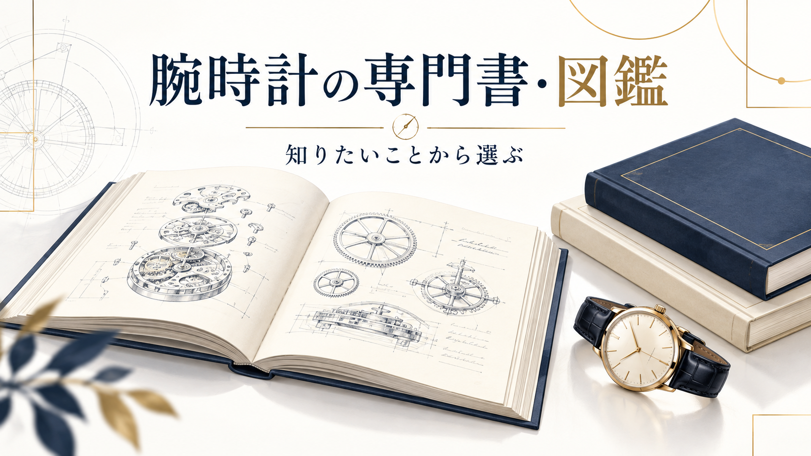 腕時計の専門書・図鑑。知りたいことから選ぶ。書籍と腕時計を描いたAI生成イメージ。